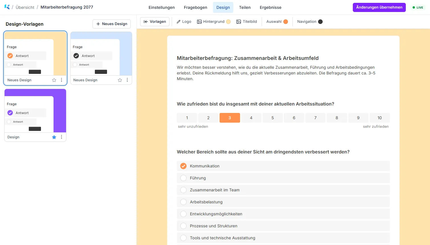 Design-Vorlagen mit Live-Vorschau des Fragebogens