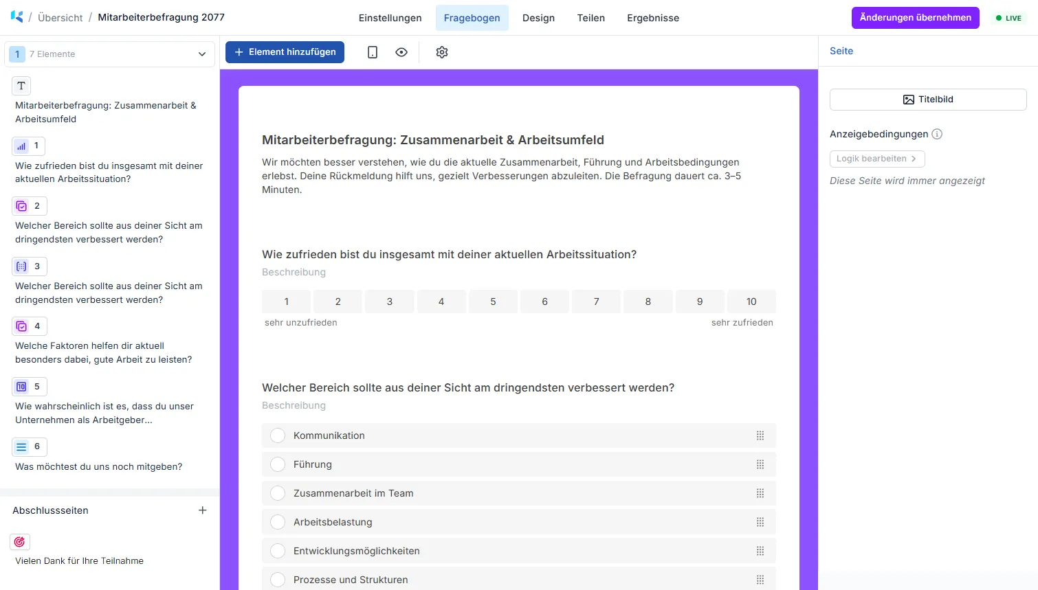 kunlumi Fragebogen-Editor mit Seitennavigation, Frageübersicht und Einstellungsbereich