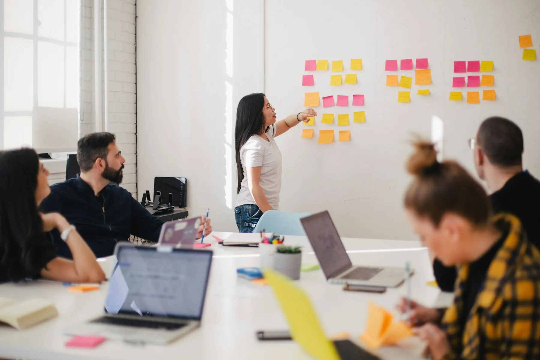 Team bespricht eine Veränderung am Whiteboard